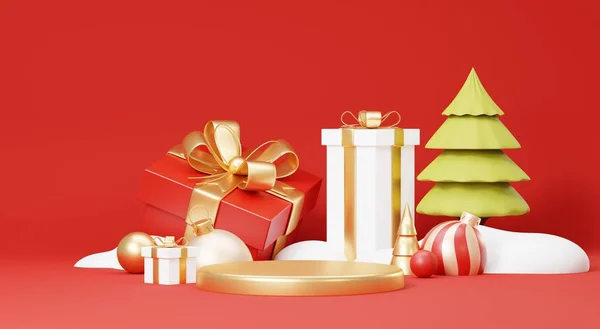 Render Merry Christmas Podium Platforms Scene Decorate Christmas Tree Gifts — Stock Photo, Image