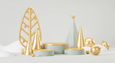 3D Mutlu Noeller podyumu sahnesi Noel ağacı, hediyeler, balo ve kış mevsimi temalı kar taneleriyle süslensin. Soyut minimal kaide ürünü Festivel Xmas 'ı gösterir.