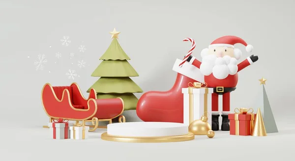 Render Merry Christmas Podium Платформ Прикрашають Сцени Кришталевим Деревом Подарунками — стокове фото