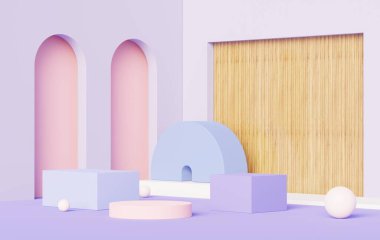 3D sunum ve reklam için soyut podyum platformunu hazırlayın. Temiz dizaynlı minimum sahne arkaplanı. Model için boş kaide. Kozmetik için pastel renkli boş sahne.