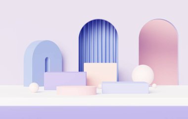 3D sunum ve reklam için soyut podyum platformunu hazırlayın. Temiz dizaynlı minimum sahne arkaplanı. Model için boş kaide. Kozmetik için pastel renkli boş sahne.
