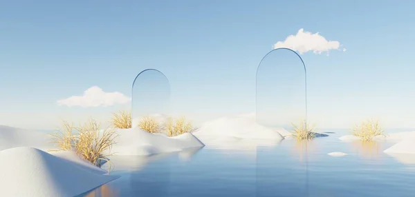 Abstrakt Dune Vintersäsong Landskap Med Geometrisk Båge Surrealistisk Vacker Dröm — Stockfoto