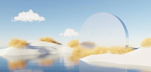 Abstrakt Dune Vintersäsong Landskap Med Geometrisk Båge Surrealistisk Vacker Dröm — Stockfoto