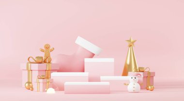 Üç boyutlu soyut podyum sahne platformu. Minimum Noel ve yeni yıl etkinliği geçmişi var. Ürün sergilemek ya da afiş hazırlamak için Mutlu Noeller. Xmas kış sahnesinde boş stand süslemesi.