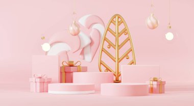 Üç boyutlu soyut podyum sahne platformu. Minimum Noel ve yeni yıl etkinliği geçmişi var. Ürün sergilemek ya da afiş hazırlamak için Mutlu Noeller. Xmas kış sahnesinde boş stand süslemesi.