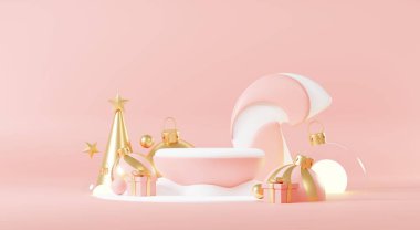 Üç boyutlu soyut podyum sahne platformu. Minimum Noel ve yeni yıl etkinliği geçmişi var. Ürün sergilemek ya da afiş hazırlamak için Mutlu Noeller. Xmas kış sahnesinde boş stand süslemesi.