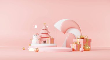 Üç boyutlu soyut podyum sahne platformu. Minimum Noel ve yeni yıl etkinliği geçmişi var. Ürün sergilemek ya da afiş hazırlamak için Mutlu Noeller. Xmas kış sahnesinde boş stand süslemesi.