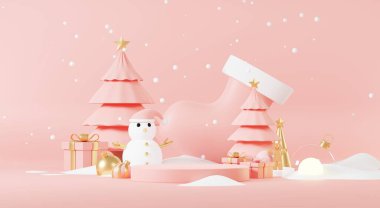 Üç boyutlu soyut podyum sahne platformu. Minimum Noel ve yeni yıl etkinliği geçmişi var. Ürün sergilemek ya da afiş hazırlamak için Mutlu Noeller. Xmas kış sahnesinde boş stand süslemesi.