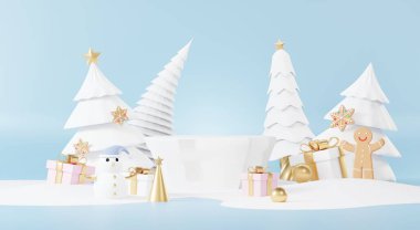 Yeni yıl temalı, podyum sahne platformu olan bir Noel arkaplanı. Ürün sergisi için Mutlu Noeller afişi. Xmas kış sahnesindeki boş stand süslemesi. 3 Boyutlu Hazırlama.