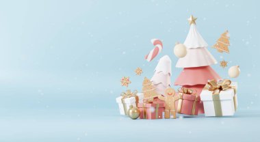 Yeni yıl temalı, podyum sahne platformu olan bir Noel arkaplanı. Ürün sergisi için Mutlu Noeller afişi. Xmas kış sahnesindeki boş stand süslemesi. 3 Boyutlu Hazırlama.