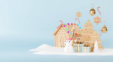 Yeni yıl temalı, podyum sahne platformu olan bir Noel arkaplanı. Ürün sergisi için Mutlu Noeller afişi. Xmas kış sahnesindeki boş stand süslemesi. 3 Boyutlu Hazırlama.