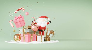 Yeni yıl temalı, podyum sahne platformu olan bir Noel arkaplanı. Ürün sergisi için Mutlu Noeller afişi. Xmas kış sahnesindeki boş stand süslemesi. 3 Boyutlu Hazırlama.