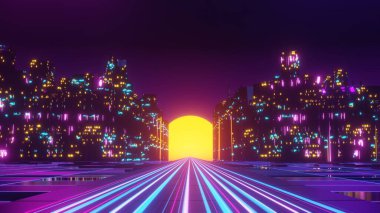 Siber punk gece şehir peyzajının 3 boyutlu canlandırması. Karanlık sahnede ışık parlıyor. Gece hayatı. 5G için teknoloji ağı. Bilim-Kurgu Başkenti ve inşaat sahnesinin nesli ve geleceği ötesinde.