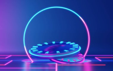Podyum sahne arkası platformu ürün sunumu için parlayan neon ışığı ve maket. Temiz dizaynlı minimum sahne arkaplanı. Model için boş kaide. Kozmetik için boş sahne. 3 Boyutlu Hazırlama.