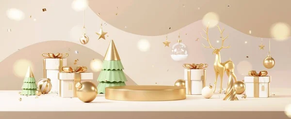 stock image Christmas backgrounds with podium stage platform in minimal New year event theme. Merry Christmas scene for product display mock up banner. Empty stand pedestal decor in Xmas winter scene. 3D render.