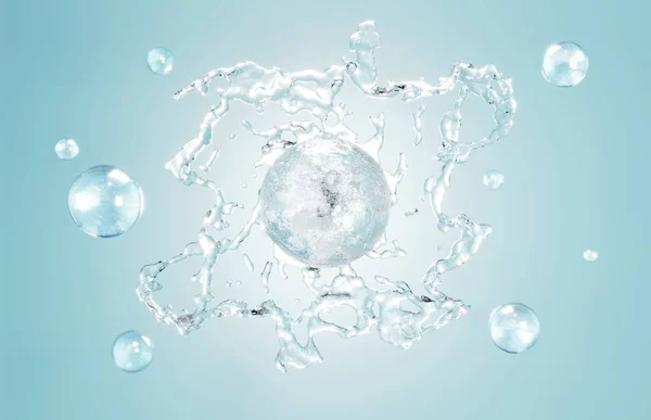 化粧品ハイドロ保湿剤のためのエッセンス水 水の背景に液体スプラッシュバブルや分子化学構造 化粧品ハイドロパワー治療 天然物の浄化 3Dレンダリング — ストック写真