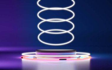 Podyum sahne arkası platformu ürün sunumu için parlayan neon ışığı ve maket. Temiz dizaynlı minimum sahne arkaplanı. Model için boş kaide. Kozmetik için boş sahne. 3 Boyutlu Hazırlama.