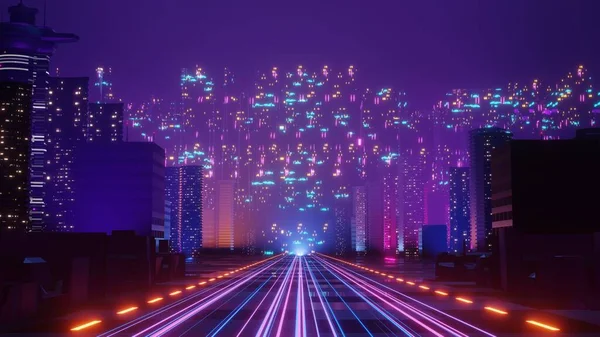 Render Cyber Punk Noite Cidade Paisagem Conceito Luz Brilhando Cena — Fotografia de Stock