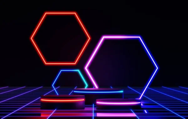 Podium Tła Scena Platforma Świecącym Neonem Prezentacji Produktu Makiety Minimalne — Zdjęcie stockowe