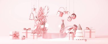 Yeni yıl temalı, podyum sahne platformu olan bir Noel arkaplanı. Ürün sergisi için Mutlu Noeller afişi. Xmas kış sahnesindeki boş stand süslemesi. 3 Boyutlu Hazırlama.