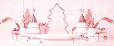 Yeni yıl temalı, podyum sahne platformu olan bir Noel arkaplanı. Ürün sergisi için Mutlu Noeller afişi. Xmas kış sahnesindeki boş stand süslemesi. 3 Boyutlu Hazırlama.