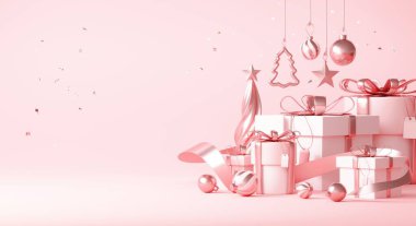 Yeni yıl temalı, podyum sahne platformu olan bir Noel arkaplanı. Ürün sergisi için Mutlu Noeller afişi. Xmas kış sahnesindeki boş stand süslemesi. 3 Boyutlu Hazırlama.
