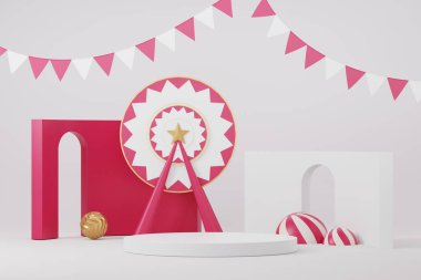 Soyut gerçekçi ürün podyum arka planında Viva moru renginde. Moda fikirlerde geometrik asgari tasarım sahnesi. Ürün ya da kozmetik ürünleri için boş yayalar. Yıl 2023. 3B görüntüleme.