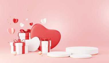 Sevgililer Günün kutlu olsun. Model ve ürün markası sunumu için podyumu olan en az tatlı aşk sahnesi. Pembe yayık standı. Hoş bir kalp geçmişi var. Aşk Gününün tasarım tarzı. 3 Boyutlu Hazırlama.