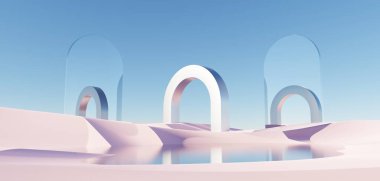 Gerçeküstü Güzel Rüya Diyarı geçmişi. Kış mevsiminde geometrik kemerli soyut Dune manzarası. Su ve doğal bulutlu gökyüzü ile fantezi ada manzarası. Metalik ayna kemeri. 3d hazırlayıcı.