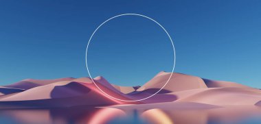 Gerçeküstü Güzel Rüya Diyarı geçmişi. Kış mevsiminde geometrik kemerli soyut Dune manzarası. Su ve doğal bulutlu gökyüzü ile fantezi ada manzarası. Metalik ayna kemeri. 3d hazırlayıcı.