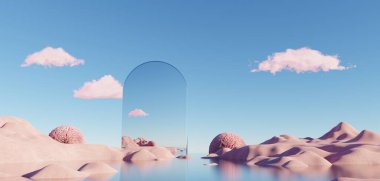 Gerçeküstü Güzel Rüya Diyarı geçmişi. Kış mevsiminde geometrik kemerli soyut Dune manzarası. Su ve doğal bulutlu gökyüzü ile fantezi ada manzarası. Metalik ayna kemeri. 3d hazırlayıcı.