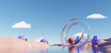 Gerçeküstü Güzel Rüya Diyarı geçmişi. Kış mevsiminde geometrik kemerli soyut Dune manzarası. Su ve doğal bulutlu gökyüzü ile fantezi ada manzarası. Metalik ayna kemeri. 3d hazırlayıcı.