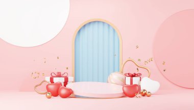 Happy Valentines Day. Minimal sweet love scene with display podium for mock up and product brand presentation. Pink Pedestal stand. Cute lovely heart background. Love day's design style. 3D render.