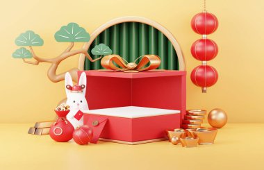 Yeni Çin yılın kutlu olsun Tavşan Yılı ile 2023. Ürün sergilemek için geleneksel podyum. Yeni ay kırmızı arka plan Çin deseni, altın, sikke ve burçlarla süslenmiş. 3 Boyutlu Hazırlama.
