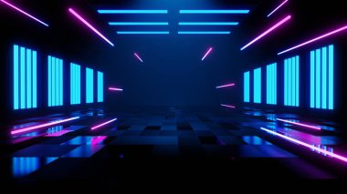 3D teknoloji soyut neon ışığı arka plan, boş uzay sahnesi, spot ışığı, karanlık gece, sanal gerçeklik, siber fütüristik bilim kurgu arka plan, model için sokak zemin stüdyosu. renkli geometrik.