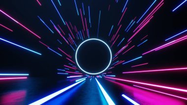 3D teknoloji soyut neon ışığı arka plan, boş uzay sahnesi, spot ışığı, karanlık gece, sanal gerçeklik, siber fütüristik bilim kurgu arka plan, model için sokak zemin stüdyosu. renkli geometrik.