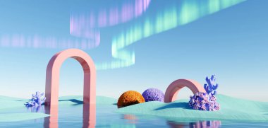 3d render Surreal pastel landscape background with geometric shapes, abstract fantastic desert dune in seasoning landscape with arches, panoramic, futuristic scene with copy space, blue sky and cloudy