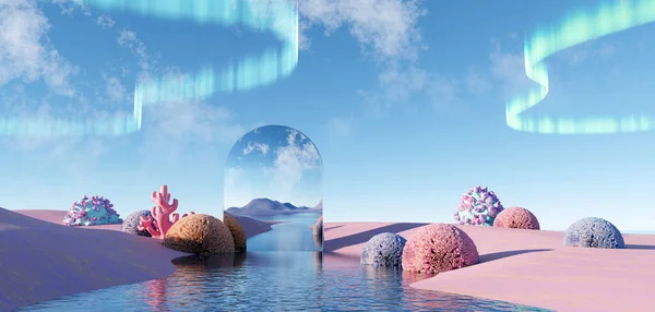 Render Surrealistiskt Pastelllandskap Bakgrund Med Geometriska Former Abstrakt Fantastisk Öken — Stockfoto