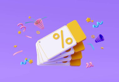 3D tasarım, alışveriş veya online alışveriş için kupon indirimi, satış promosyonu için bilet, tanıtım kodu teklifi, kullanım için özel fiyat indirimi, flash satış saati, ürün satın alma.