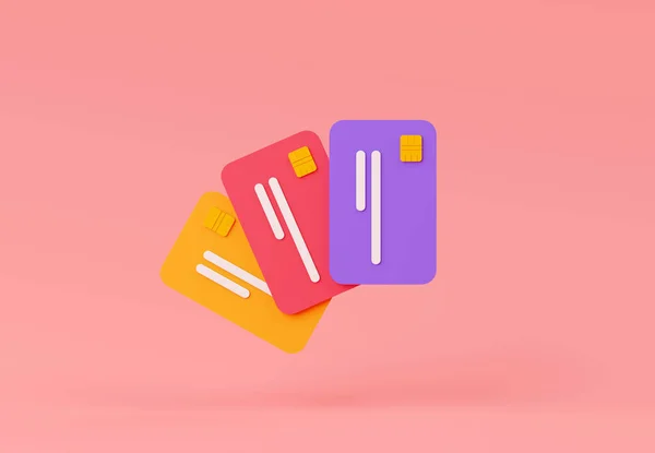 3Dレンダリング オンライン取引 キャッシュレスコンセプト 将来のためのお金の節約 請求書への支払い パステルカラーの背景に浮かぶクレジットカードのアイコン — ストック写真