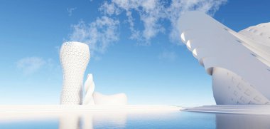 Geometrik şekilli 3d sürreal üstü beyaz minimal mimari arka plan, soyut fantastik tasarım, tarihi fütüristik panoramik, fotokopi alanı, mavi gökyüzü ve bulutlu fütürist sahne.