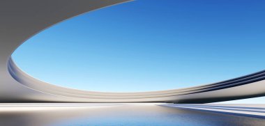 Geometrik şekilli 3d sürreal üstü beyaz minimal mimari arka plan, soyut fantastik tasarım, tarihi fütüristik panoramik, fotokopi alanı, mavi gökyüzü ve bulutlu fütürist sahne.