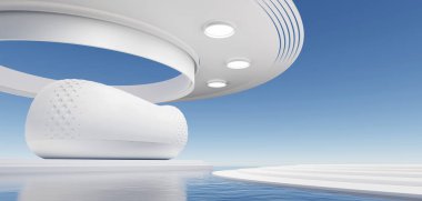 Geometrik şekilli 3d sürreal üstü beyaz minimal mimari arka plan, soyut fantastik tasarım, tarihi fütüristik panoramik, fotokopi alanı, mavi gökyüzü ve bulutlu fütürist sahne.