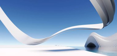 Geometrik şekilli 3d sürreal üstü beyaz minimal mimari arka plan, soyut fantastik tasarım, tarihi fütüristik panoramik, fotokopi alanı, mavi gökyüzü ve bulutlu fütürist sahne.