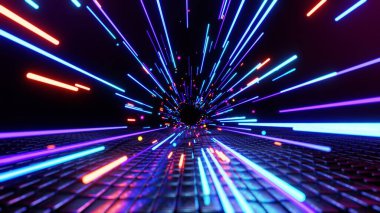 3D teknoloji soyut neon ışığı arka plan, boş uzay sahnesi, spot ışığı, karanlık gece, sanal gerçeklik, siber fütüristik bilim kurgu arka plan, model için sokak zemin stüdyosu. renkli geometrik.