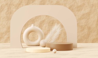 3D Render, Minimal Beige Stone Display Podium for Product Mock-up or Cosmetics Presentation in Brown Studio