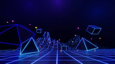 3D teknoloji soyut neon ışığı arka plan, boş uzay sahnesi, spot ışığı, karanlık gece, sanal gerçeklik, siber fütüristik bilim kurgu arka plan, model için sokak zemin stüdyosu. renkli geometrik.