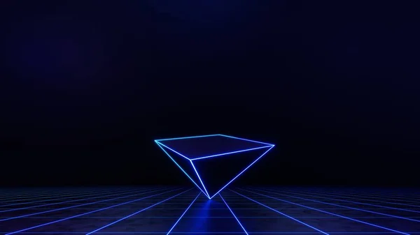 3D技術抽象ネオンライト背景 空の空間シーン スポットライト 暗い夜 仮想現実 サイバー未来的なSf背景 モックアップのための通りの床スタジオ 色の幾何学 — ストック写真