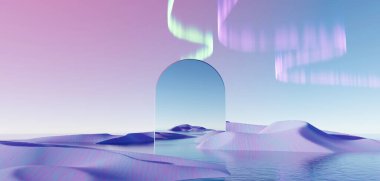 3d render Surreal pastel landscape background with geometric shapes, abstract fantastic desert dune in seasoning landscape with arches, panoramic, futuristic scene with copy space, blue sky and cloudy
