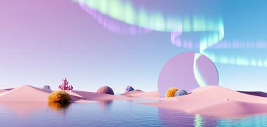 3d render Surreal pastel landscape background with geometric shapes, abstract fantastic desert dune in seasoning landscape with arches, panoramic, futuristic scene with copy space, blue sky and cloudy